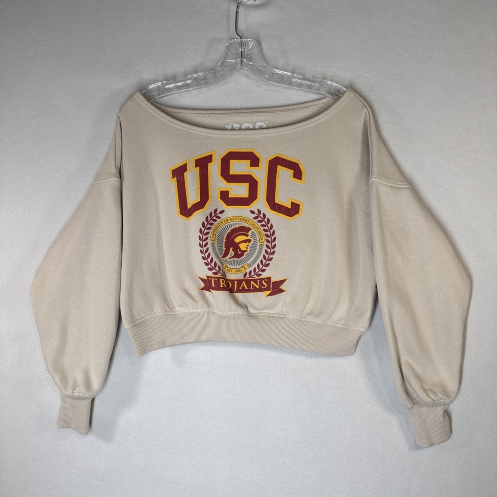 USC Trojans Off-Shoulder Cropped Sweatshirt - Beige